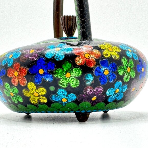 Cloisonné Vtg Floral Teapot Handle Lid Multicolor Enamel On Black Metal 5.5" - Picture 9 of 11